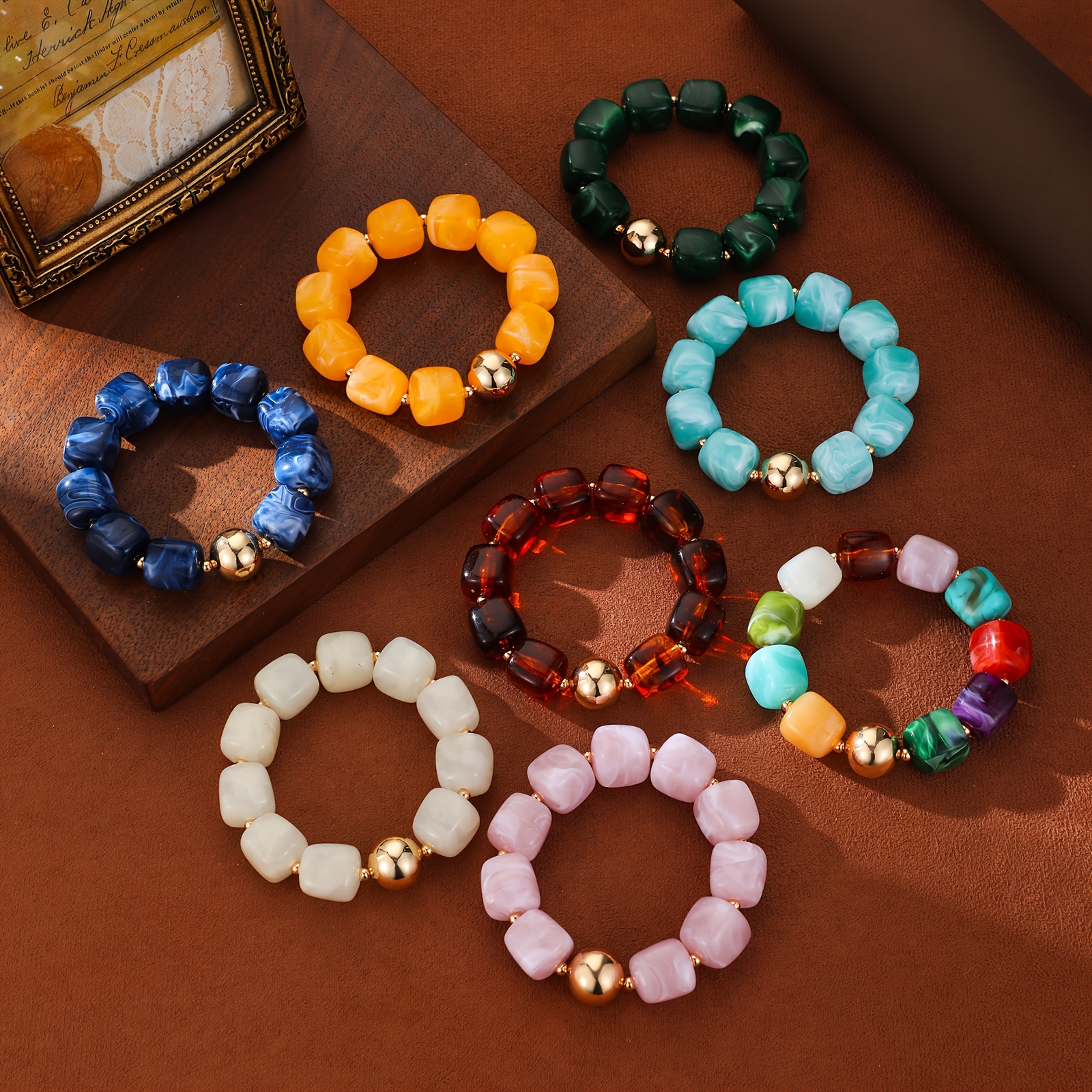 Boho Plated Resin Square Bead Bracelet for Women